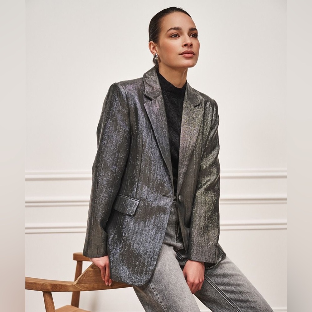 NWT ESQUALO Size 6 Crinkle Metallic One-Button Blazer